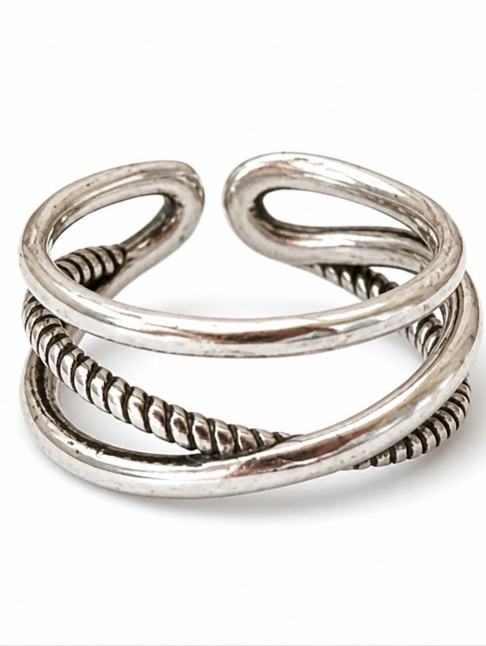 925 Sterling Silver Multi Strand Crossover Rope Ring Adjustable Open​